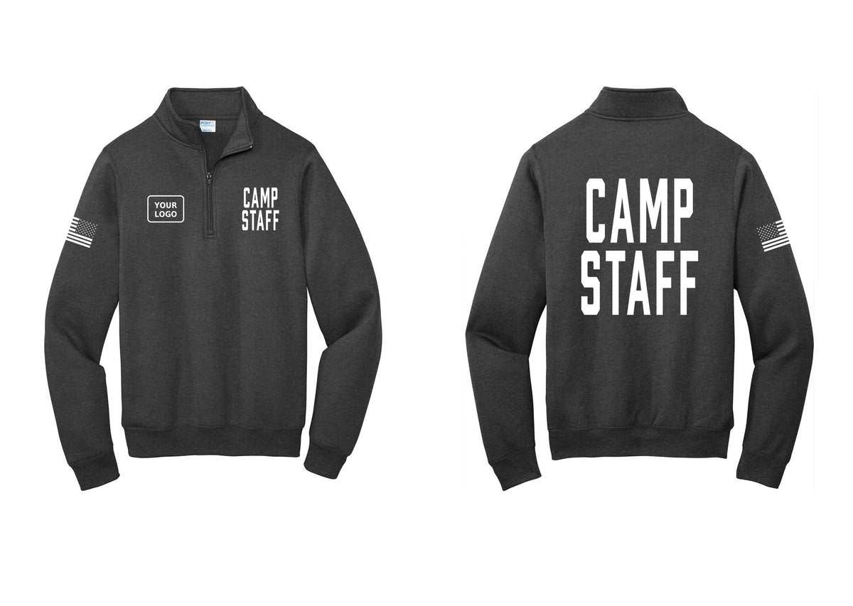 NYC Factory Custom Logo Camp Staff Cotton Fleece 1/4-Zip Pullover Sweatshirt (Classic) - CAMP STAFF + Your Logo + Back + US Flag Sleeve - Dark Heather Grey