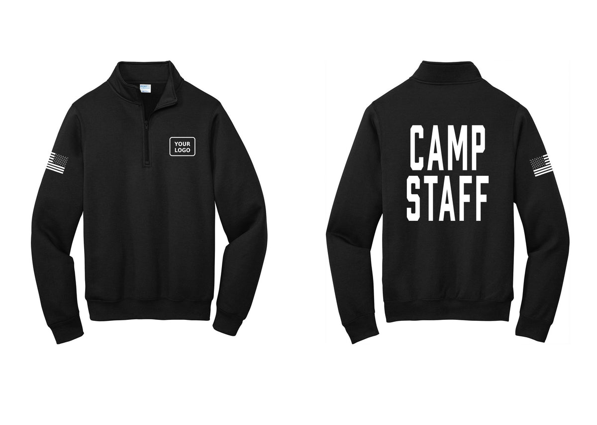 NYC Factory Custom Logo Camp Staff Cotton Fleece 1/4-Zip Pullover Sweatshirt (Classic) - Your Logo + Back + US Flag Sleeve - Black
