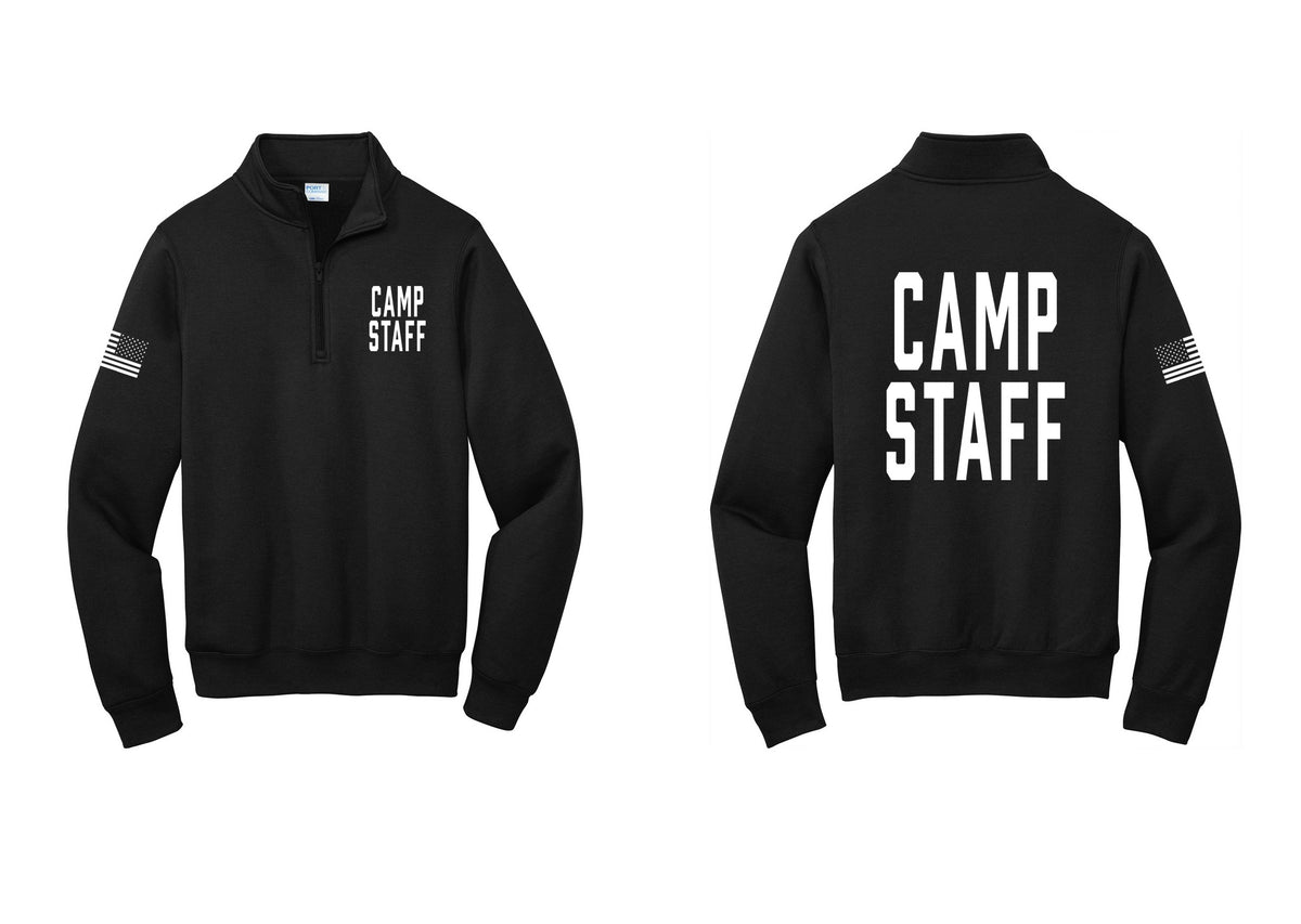 NYC Factory Camp Staff Cotton Fleece 1/4-Zip Pullover Sweatshirt (Classic) - Chest + Back + US Flag Sleeve - Black