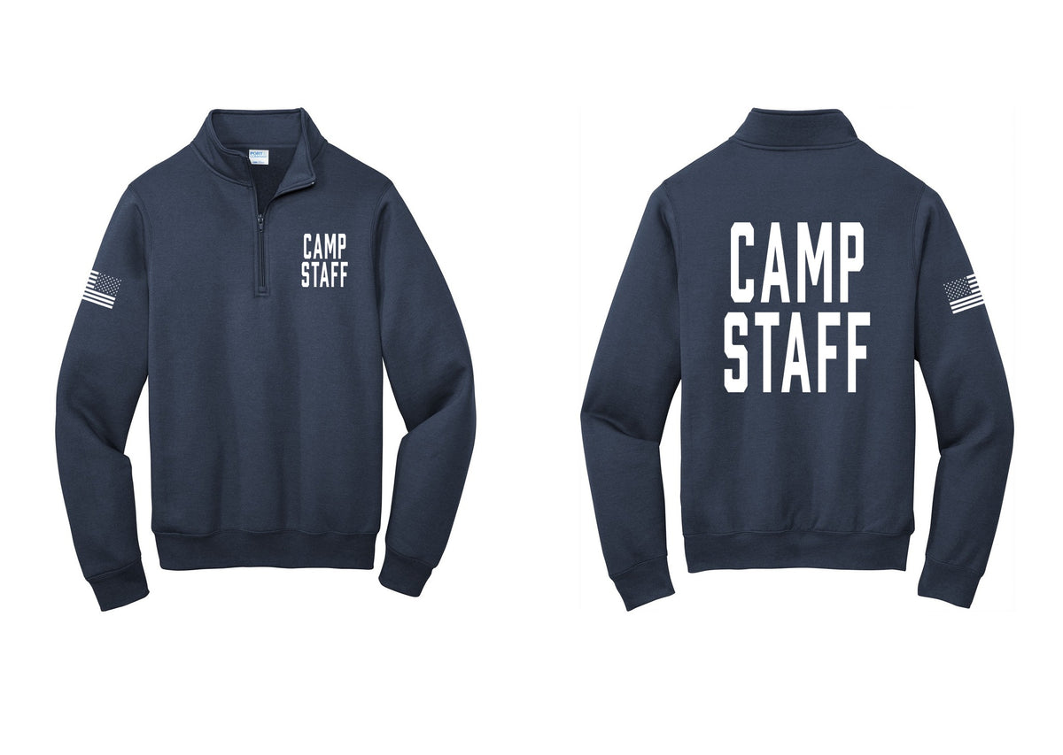 NYC Factory Camp Staff Cotton Fleece 1/4-Zip Pullover Sweatshirt (Classic) - Chest + Back + US Flag Sleeve - Navy