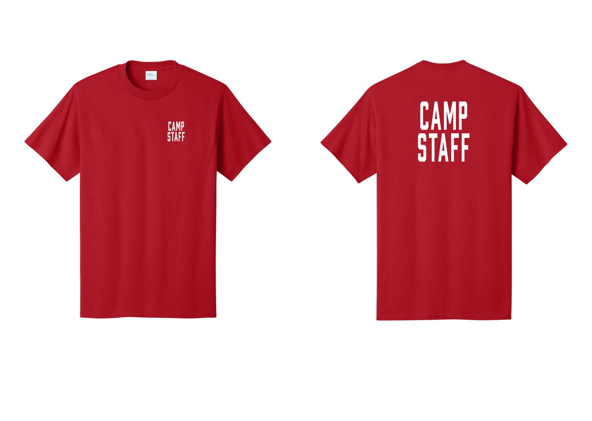 NYC Factory Camp Staff T-Shirt, Condensed Lettering - Chest + Back - Red