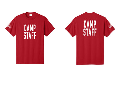 NYC Factory Unisex Camp Staff Classic T-Shirt - Front + Back + US Flag Sleeve - Red