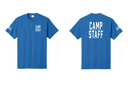 NYC Factory Unisex Camp Staff Classic T-Shirt - Chest + Back + US Flag Sleeve - Royal