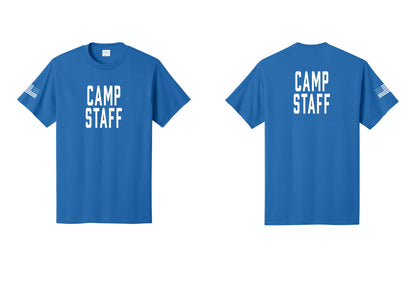 NYC Factory Camp Staff T-Shirt, Condensed Lettering - Front + Back + US Flag Sleeve - Royal