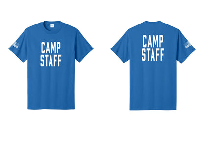 NYC Factory Unisex Camp Staff Classic T-Shirt - Front + Back + US Flag Sleeve - Royal