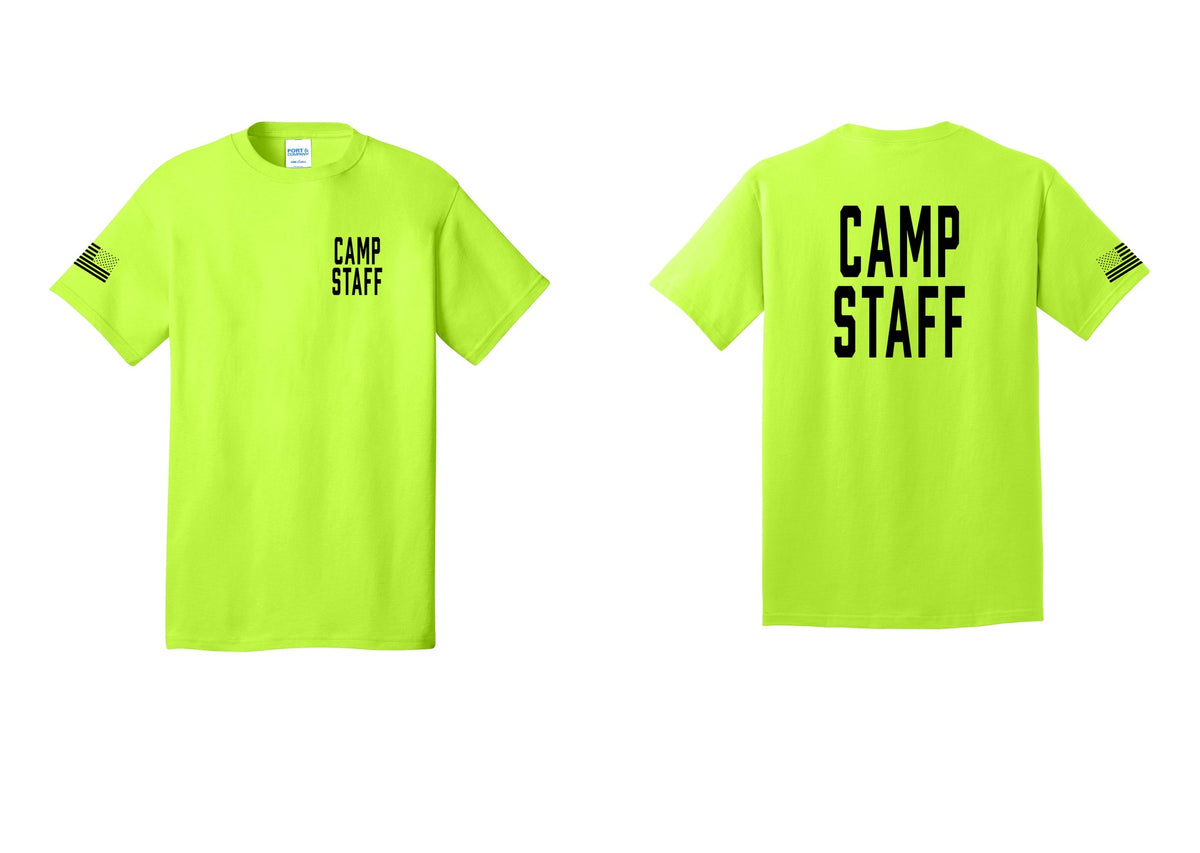 NYC Factory Unisex Camp Staff Classic T-Shirt - Chest + Back + US Flag Sleeve - Safety Green