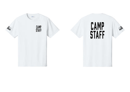 NYC Factory Unisex Camp Staff Classic T-Shirt - Chest + Back + US Flag Sleeve - White