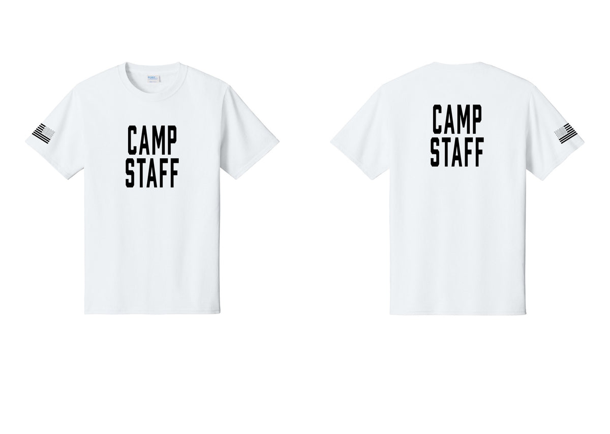 NYC Factory Camp Staff T-Shirt, Condensed Lettering - Front + Back + US Flag Sleeve - White