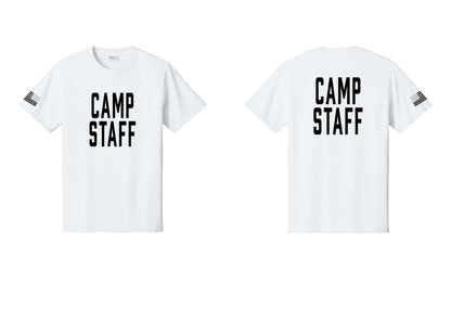 NYC Factory Unisex Camp Staff Classic T-Shirt - Front + Back + US Flag Sleeve - White
