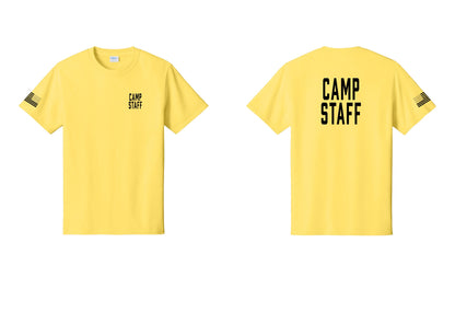 NYC Factory Camp Staff T-Shirt, Condensed Lettering - Chest + Back + US Flag Sleeve - Yellow