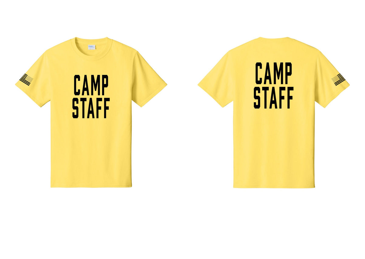 NYC Factory Unisex Camp Staff Classic T-Shirt - Front + Back + US Flag Sleeve - Yellow