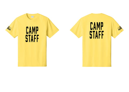 NYC Factory Unisex Camp Staff Classic T-Shirt - Front + Back + US Flag Sleeve - Yellow