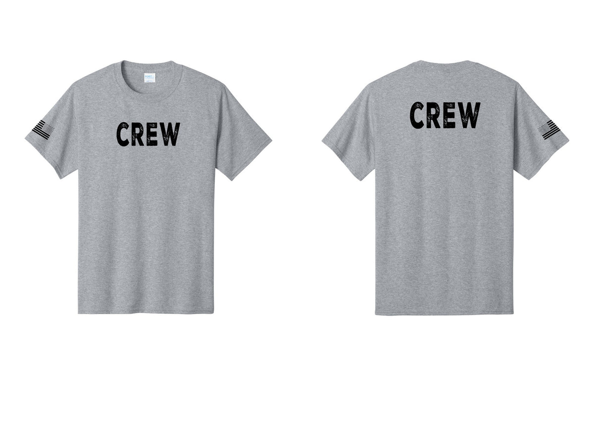 NYC Factory Crew T-Shirt for Event Staff & Production Teams (Rustic) - Front + Back + US Flag Sleeve - Athletic Heather