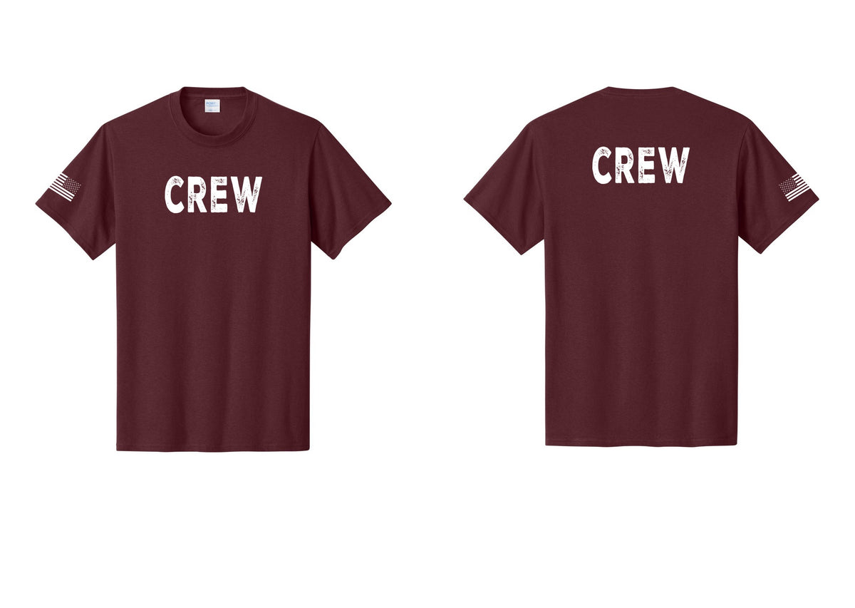 NYC Factory Crew T-Shirt, Rustic Lettering - Front + Back + US Flag Sleeve - Athletic Maroon
