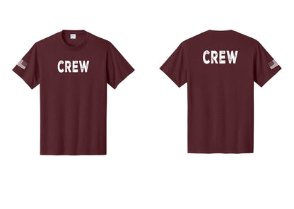 NYC Factory Crew T-Shirt for Event Staff & Production Teams (Rustic) - Front + Back + US Flag Sleeve - Athletic Maroon