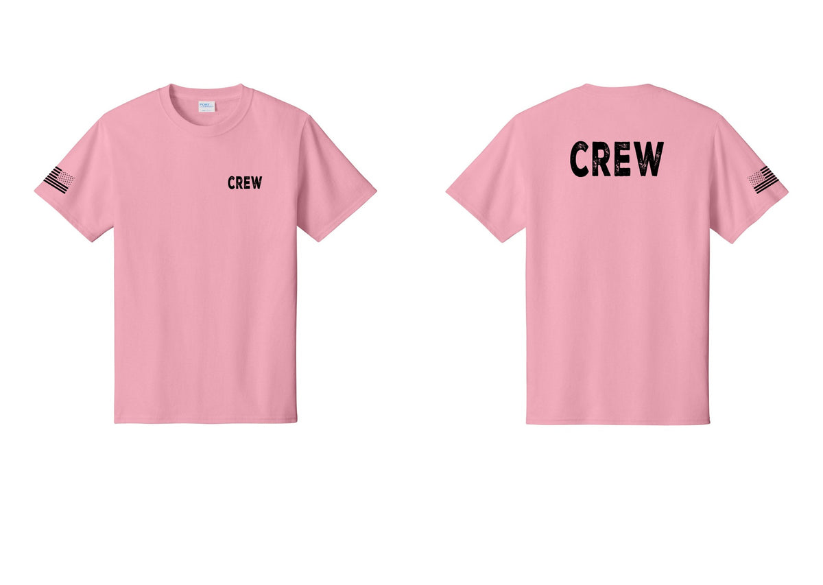 NYC Factory Crew T-Shirt, Rustic Lettering - Chest + Back + US Flag Sleeve - Candy Pink