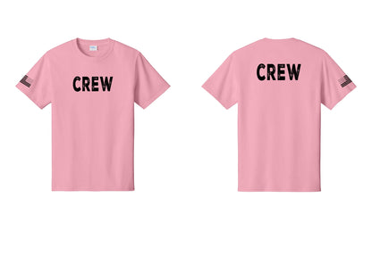 NYC Factory Crew T-Shirt for Event Staff & Production Teams (Rustic) - Front + Back + US Flag Sleeve - Candy Pink