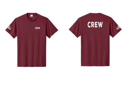NYC Factory Crew T-Shirt for Event Staff & Production Teams (Rustic) - Chest + Back + US Flag Sleeve - Cardinal