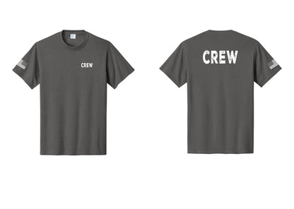 NYC Factory Crew T-Shirt for Event Staff & Production Teams (Rustic) - Chest + Back + US Flag Sleeve - Charcoal