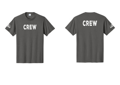 NYC Factory Crew T-Shirt for Event Staff & Production Teams (Rustic) - Front + Back + US Flag Sleeve - Charcoal