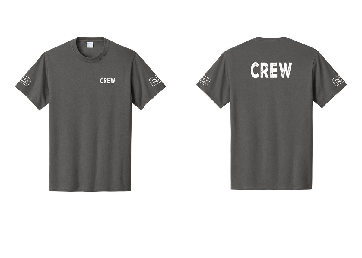 NYC Factory Custom Logo Crew T-Shirt, Rustic Lettering - Chest + Back + Your Logo Sleeves - Charcoal