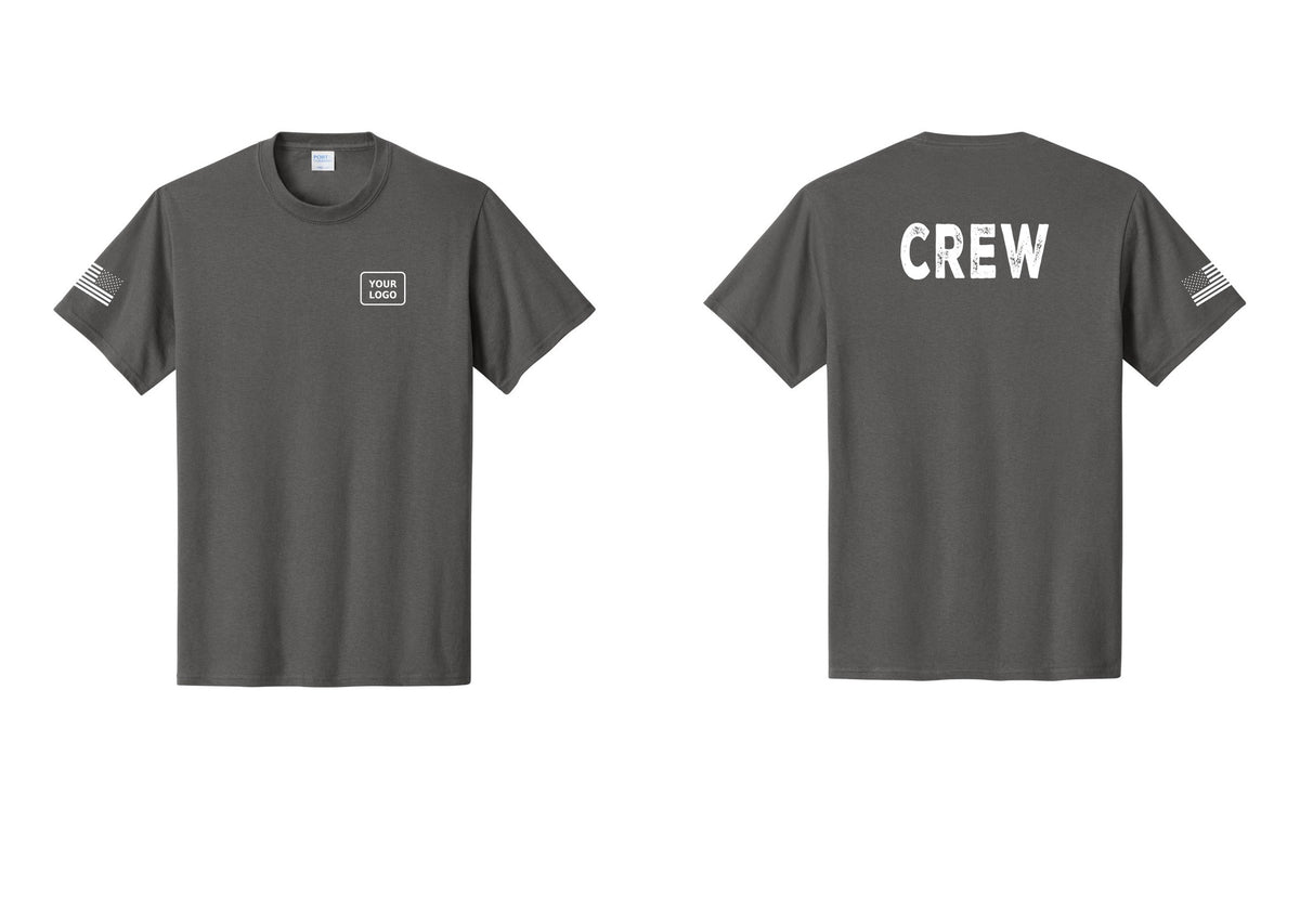 NYC Factory Custom Logo Crew T-Shirt, Rustic Lettering - Your Logo + Back + US Flag Sleeve - Charcoal