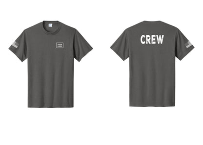 NYC Factory Custom Logo Crew T-Shirt, Rustic Lettering - Your Logo + Back + US Flag Sleeve - Charcoal