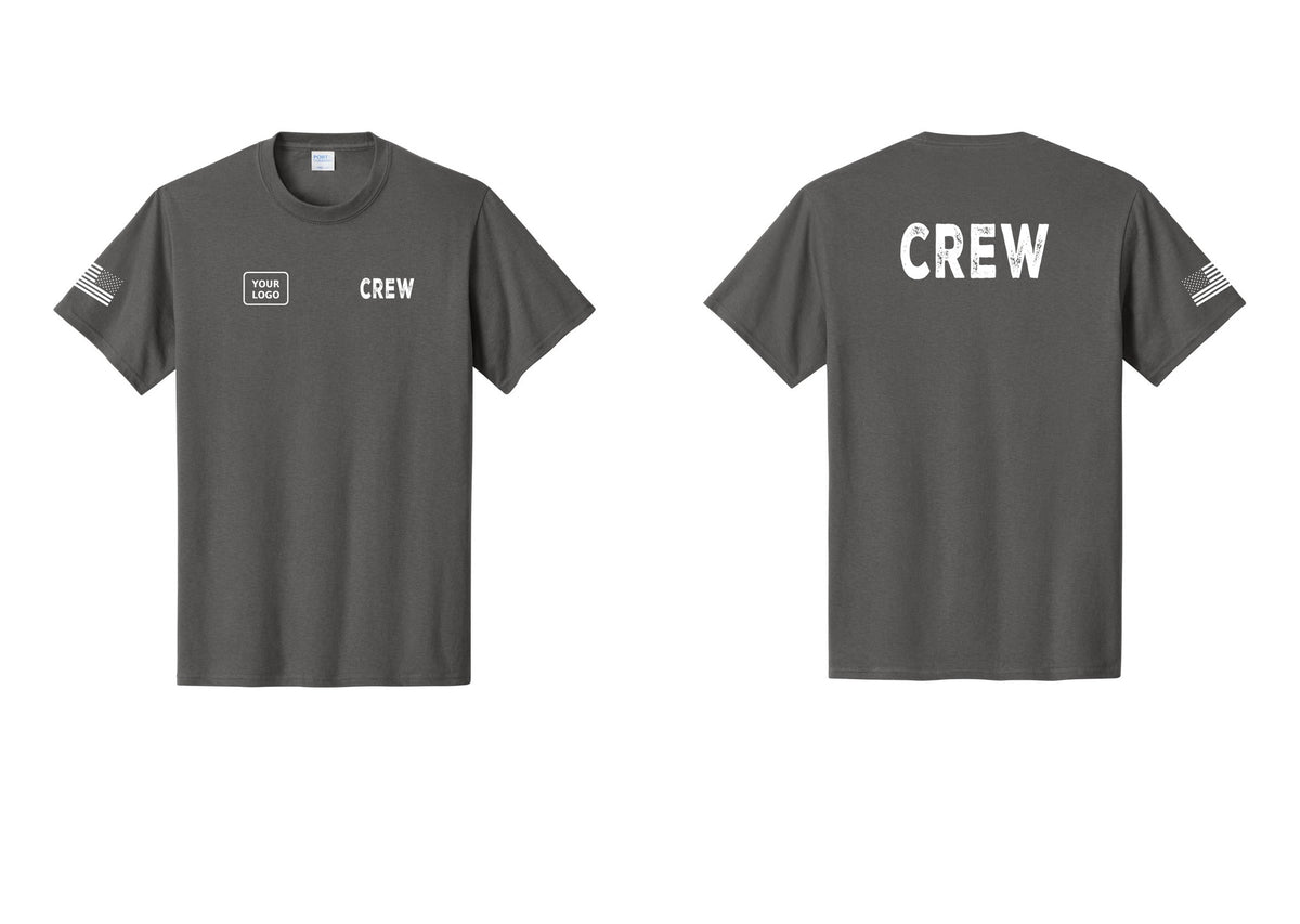 NYC Factory Custom Logo Crew T-Shirt, Rustic Lettering - CREW + Your Logo + Back + US Flag Sleeve - Charcoal