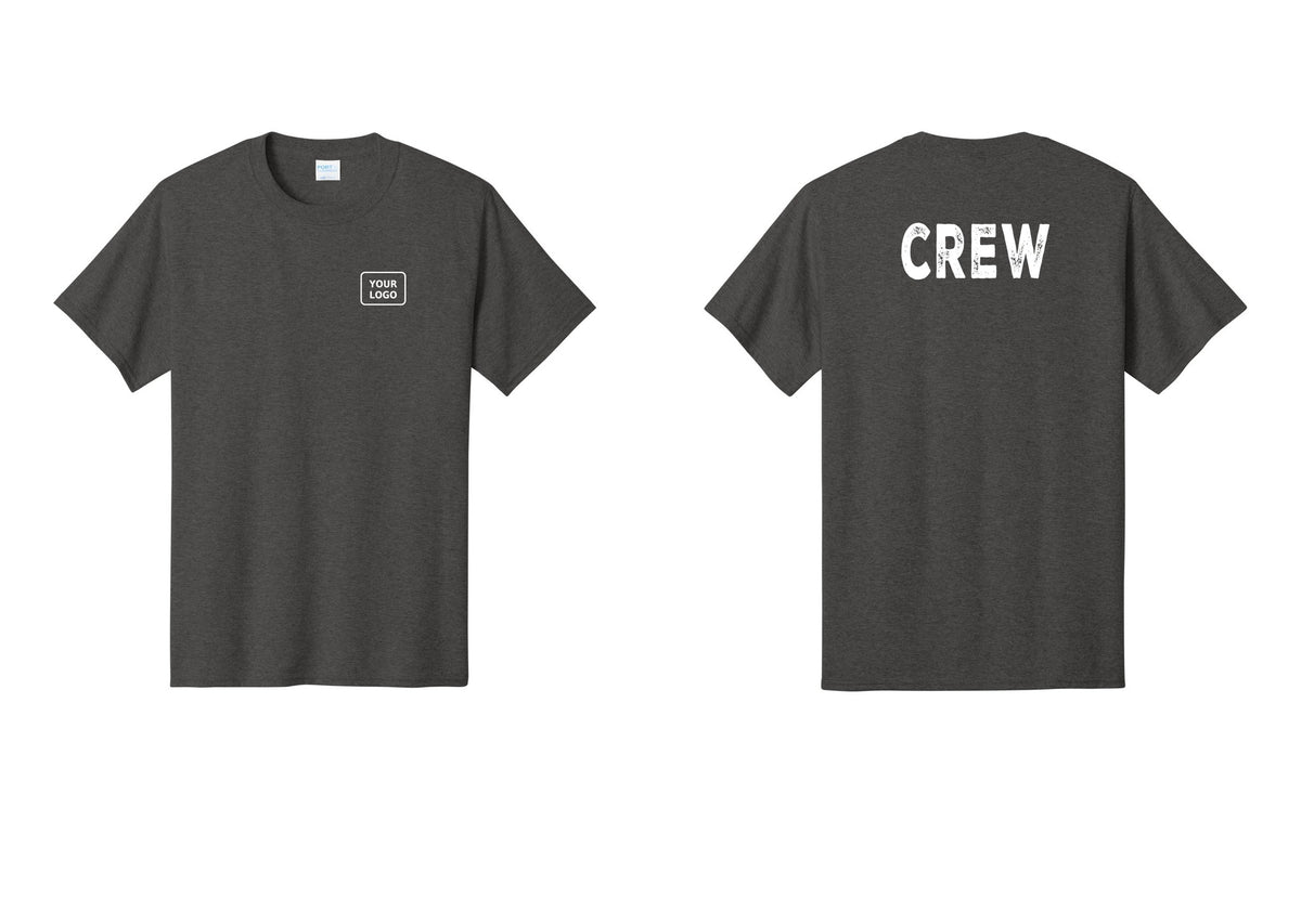 NYC Factory Custom Logo Crew T-Shirt, Rustic Lettering - Your Logo + Back - Dark Heather Grey