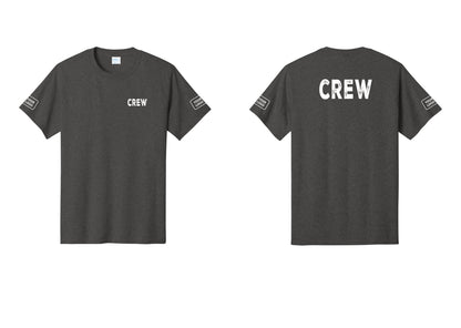 NYC Factory Custom Logo Crew T-Shirt, Rustic Lettering - Chest + Back + Your Logo Sleeves - Dark Heather Grey
