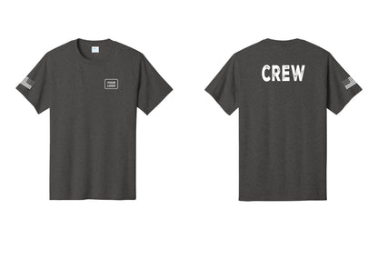 NYC Factory Custom Logo Crew T-Shirt, Rustic Lettering - Your Logo + Back + US Flag Sleeve - Dark Heather Grey
