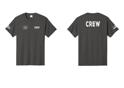 NYC Factory Custom Logo Crew T-Shirt, Rustic Lettering - CREW + Your Logo + Back + US Flag Sleeve - Dark Heather Grey