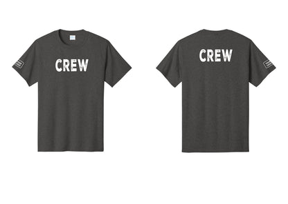NYC Factory Custom Logo Crew T-Shirt, Rustic Lettering - Front + Back + Your Logo Sleeve - Dark Heather Grey
