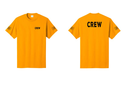 NYC Factory Custom Logo Crew T-Shirt, Rustic Lettering - Chest + Back + Your Logo Sleeves - Gold