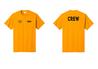 NYC Factory Custom Logo Crew T-Shirt, Rustic Lettering - CREW + Your Logo + Back - Gold
