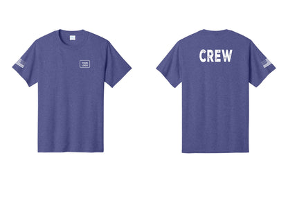 NYC Factory Custom Logo Crew T-Shirt, Rustic Lettering - Your Logo + Back + US Flag Sleeve - Heather Purple