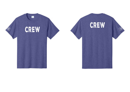 NYC Factory Custom Logo Crew T-Shirt, Rustic Lettering - Front + Back + Your Logo Sleeve - Heather Purple