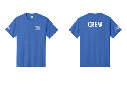 NYC Factory Custom Logo Crew T-Shirt, Rustic Lettering - Your Logo + Back + US Flag Sleeve - Heather Royal