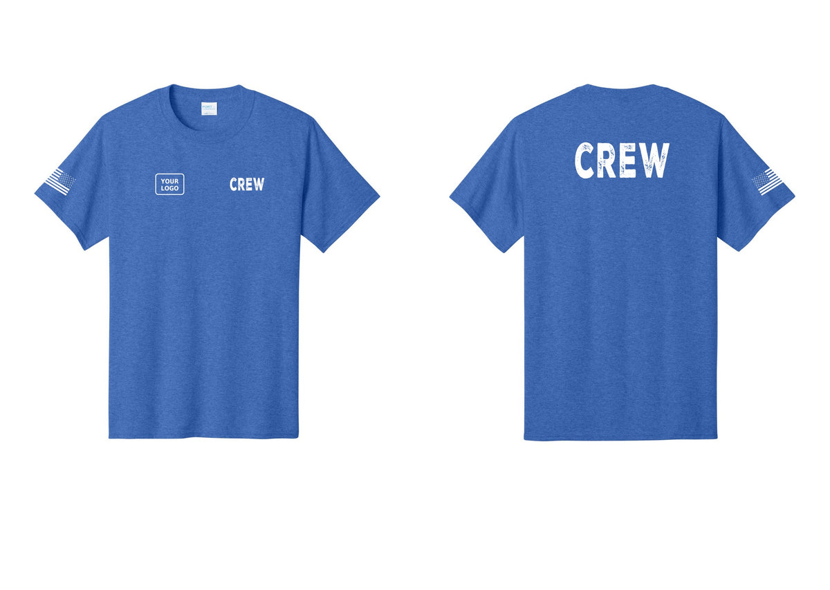 NYC Factory Custom Logo Crew T-Shirt, Rustic Lettering - CREW + Your Logo + Back + US Flag Sleeve - Heather Royal