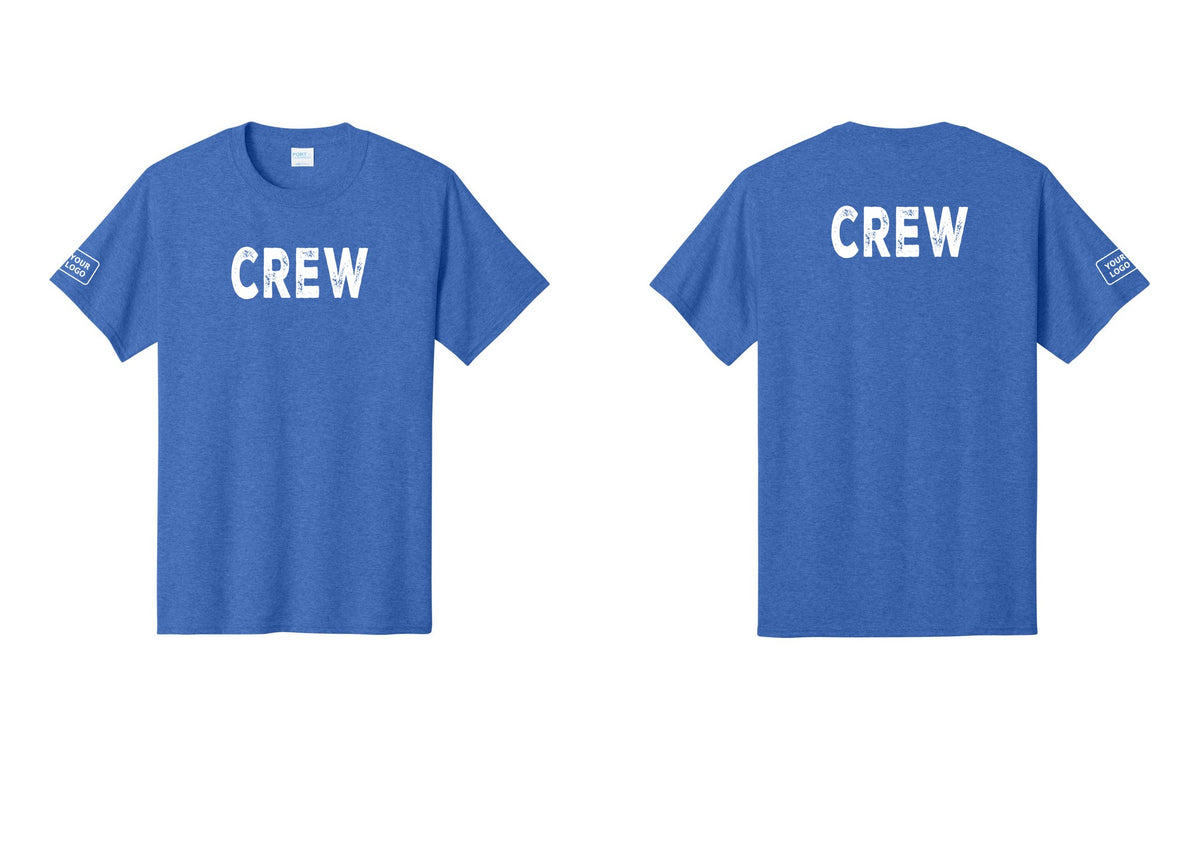NYC Factory Custom Logo Crew T-Shirt, Rustic Lettering - Front + Back + Your Logo Sleeve - Heather Royal