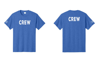 NYC Factory Custom Logo Crew T-Shirt, Rustic Lettering - Front + Back + Your Logo Sleeve - Heather Royal