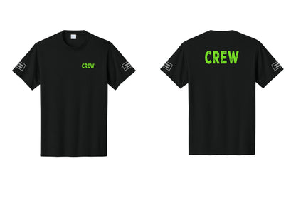 NYC Factory Custom Logo Crew T-Shirt, Rustic Lettering - Chest + Back + Your Logo Sleeves - Black / Neon
