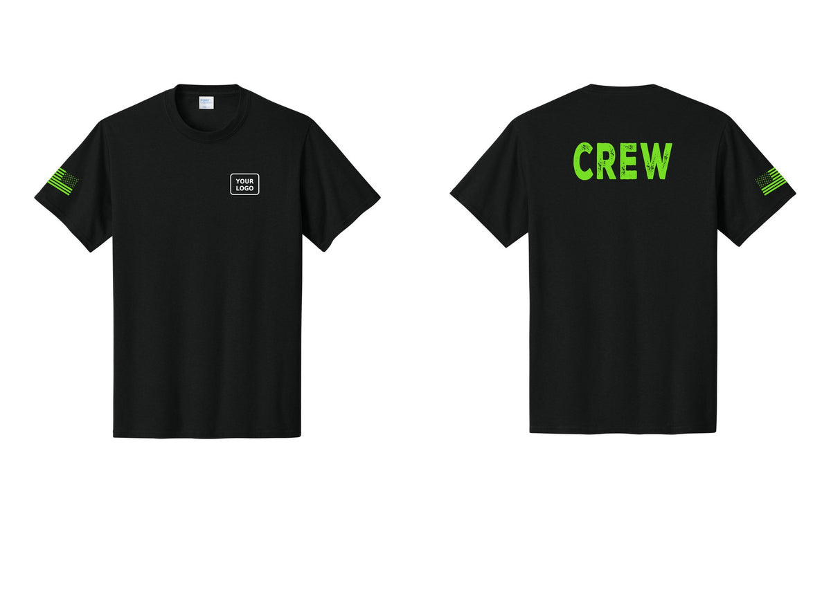 NYC Factory Custom Work Crew Uniform Tee with Your Logo (Rustic) - Your Logo + Back + US Flag Sleeve - Black / Neon