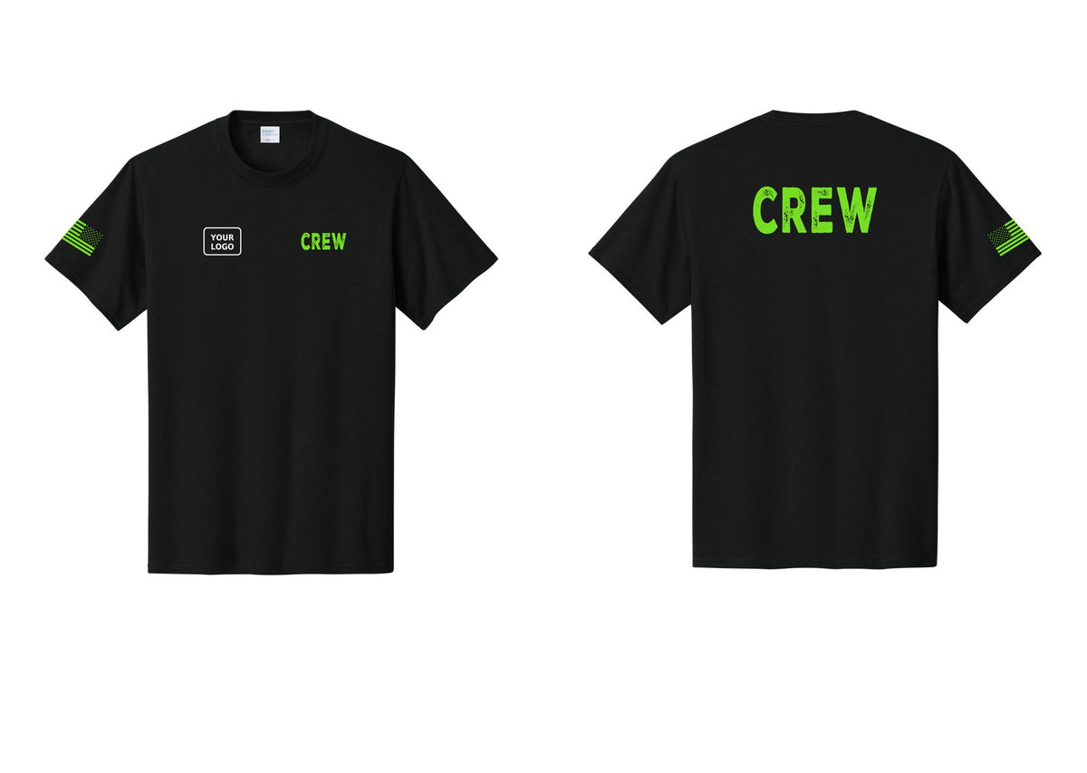 NYC Factory Custom Logo Crew T-Shirt, Rustic Lettering - CREW + Your Logo + Back + US Flag Sleeve - Black / Neon
