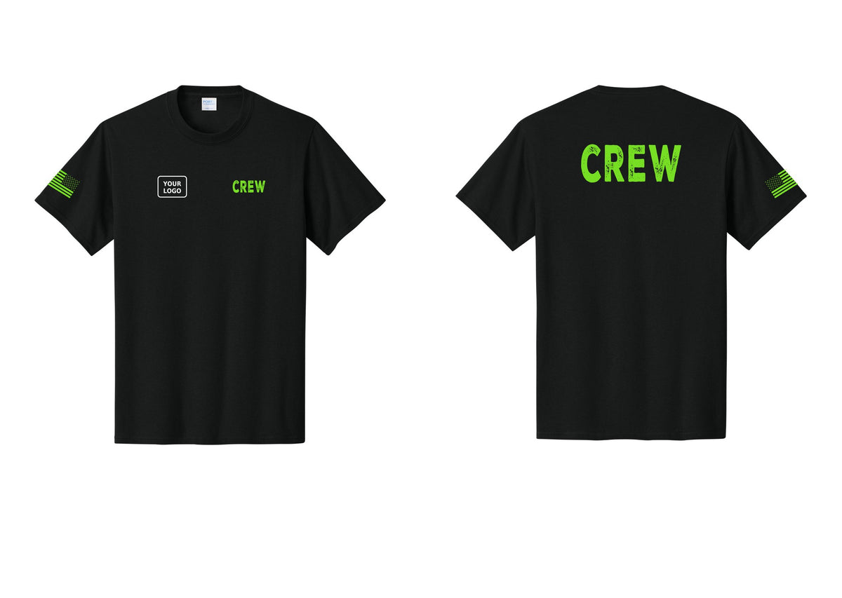 NYC Factory Custom Work Crew Uniform Tee with Your Logo (Rustic) - CREW + Your Logo + Back + US Flag Sleeve - Black / Neon