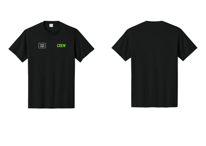 NYC Factory Custom Logo Crew T-Shirt, Rustic Lettering - CREW + Your Logo - Black / Neon