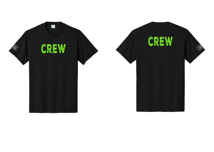 NYC Factory Custom Logo Crew T-Shirt, Rustic Lettering - Front + Back + Your Logo Sleeve - Black / Neon