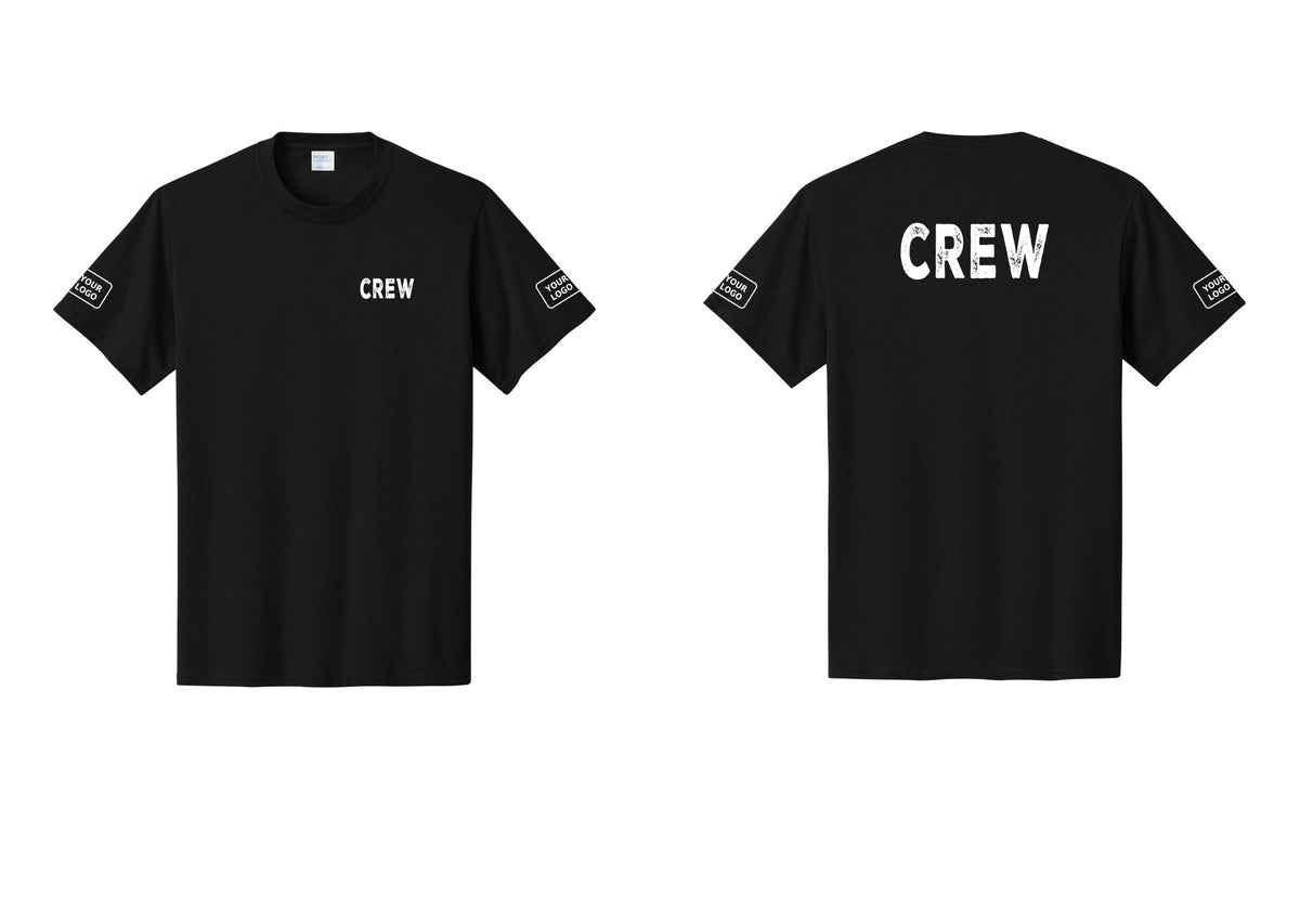 NYC Factory Custom Logo Crew T-Shirt, Rustic Lettering - Chest + Back + Your Logo Sleeves - Black