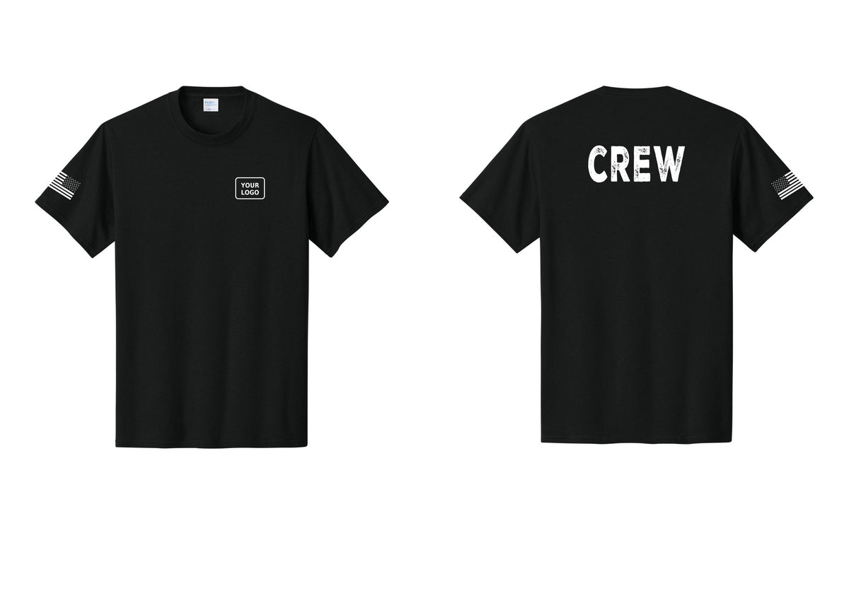 NYC Factory Custom Logo Crew T-Shirt, Rustic Lettering - Your Logo + Back + US Flag Sleeve - Black
