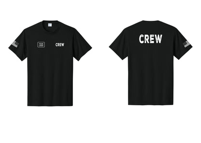 NYC Factory Custom Logo Crew T-Shirt, Rustic Lettering - CREW + Your Logo + Back + US Flag Sleeve - Black